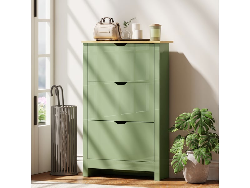  Meuble à chaussures 18 paires, armoire à chaussures à haute brillance, 3 tiroirs rabattables, étagères réglables, vert  - Conforama B