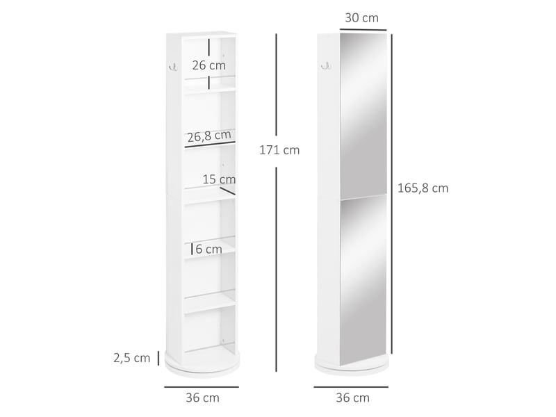  Colonne de salle de bain pivotante avec miroir 6 étagères blanc 36 x 36 x 171 cm  - Conforama C