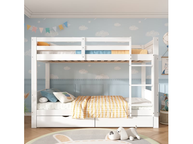  Lit superposé modenvie en bois blanc 90 x 200 cm, convertible en 2 lits simples avec échelle, barrière de sécurité et 2 tiroirs  - Conforama D