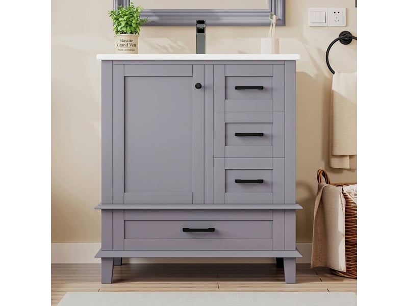 Meuble salle de bain sur pied 76 cm gris avec lavabo céramique intégré  - Conforama C