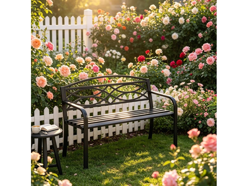  Banc de jardin 3 places en métal noir avec dossier et accoudoirs, résistant aux intempéries pour terrasse  - Conforama E