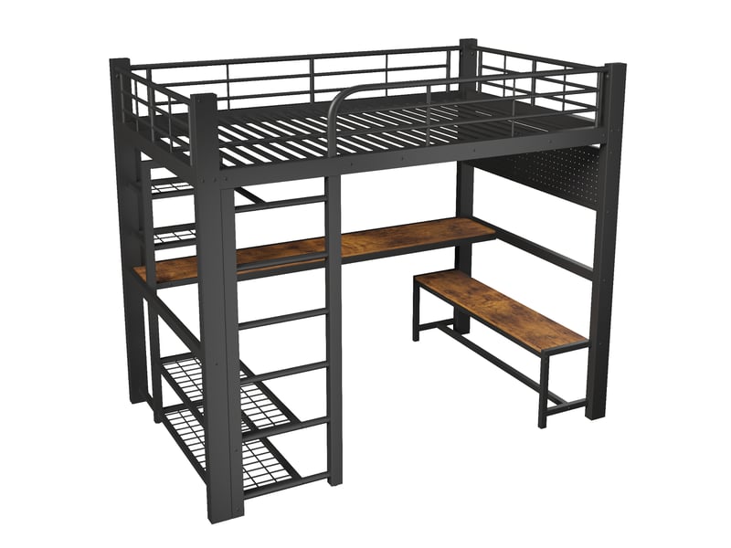  Lit mezzanine 140x200 cm métal noir avec led, bureau bois et rangements intégrés  - Conforama D