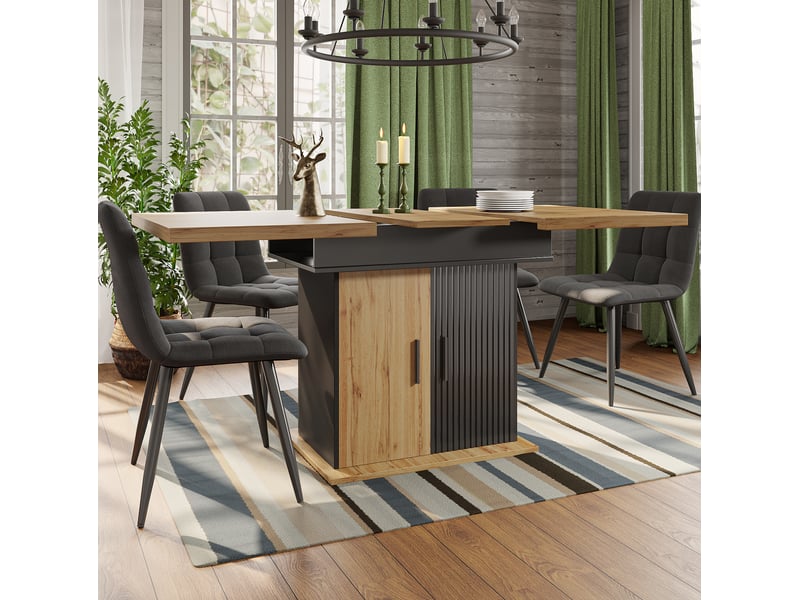 Table à manger extensible, 110x140x80 cm, style rétro, repas, salle à manger et pratique, mdf, coloris noir et naturel - Conforama E