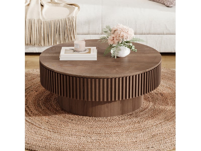  Table basse ronde avec rangement en bois et mdf, coloris noyer, 75 x 75 x 35 cm  - Conforama B