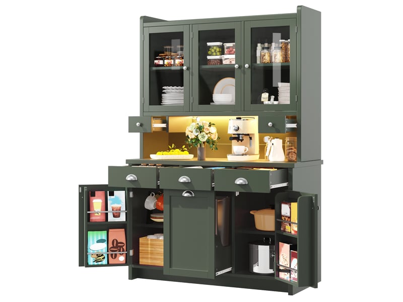  Buffet de cuisine haut led avec 3 portes vitrées, 3 tiroirs et étagères réglables, en mdf, vert, 120 × 40 × 180 cm  - Conforama A