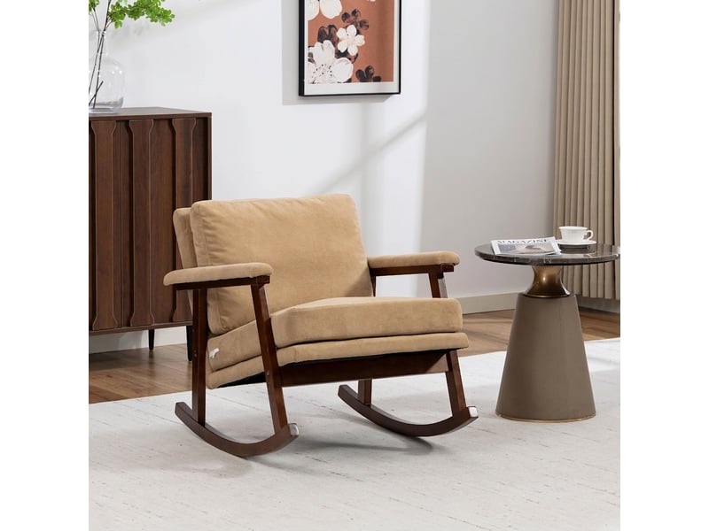  Fauteuil à bascule moderne mid-century, structure en bois robuste, fauteuil de lecture pour chambre marron  - Conforama B