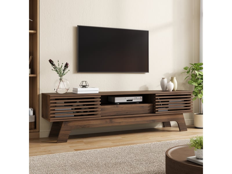 Meuble tv bas en mdf avec portes à lamelles, tiroir et passe-câbles, rangement multimédia moderne pour salon, design épuré et fonctionnel, pour aménagement intérieur moderne OPULERANE TRADING LTD - Conforama B