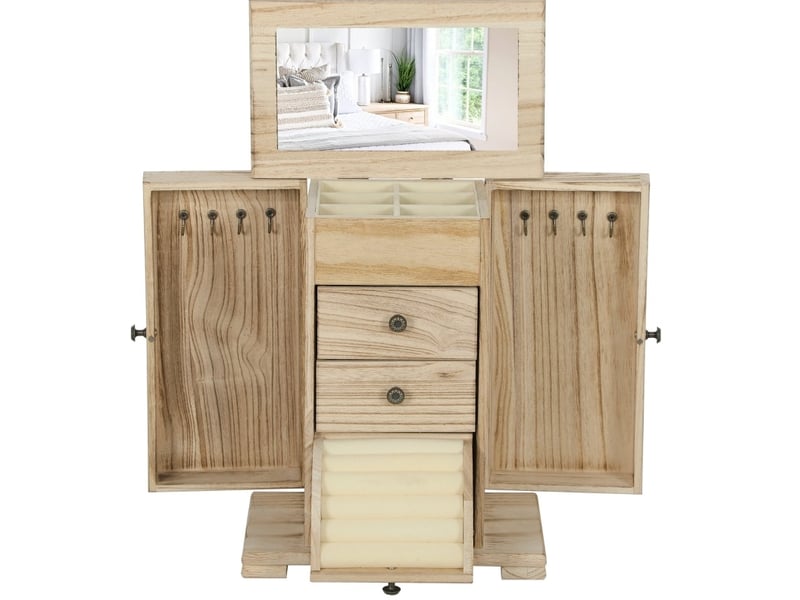  Coffret à bijoux 26,5 x 16 x 33,5 cm marron en bois, 4 niveaux, miroir intégré, 8 crochets pour colliers  - Conforama D