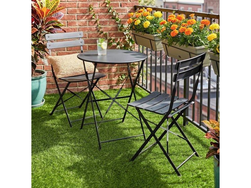 Ensemble bistrot de jardin 3 pièces table et 2 chaises pliantes à lattes double protection antirouille noir - Conforama D