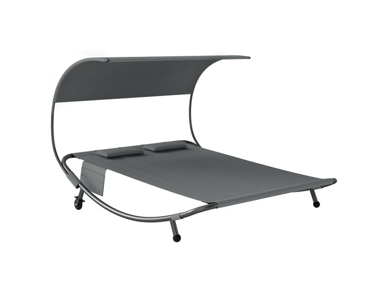  Bain de soleil double avec auvent amovible, roulettes, coussins et poches, 180 x 200 x 170 cm, gris  - Conforama A