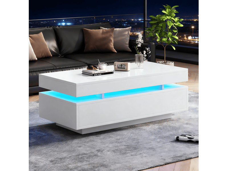  Table basse 100x50x35 cm led 2 tiroirs panneau de particules blanc  - Conforama C