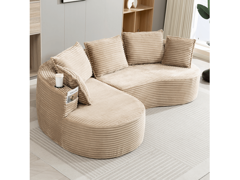  Canapé 3 places ulevr incurvé avec porte-gobelets, poches latérales, velours côtelé taupe, 250 x 152 x 82 cm  - Conforama D