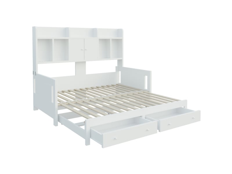  Canapé-lit extensible bois blanc avec rangements: tiroirs, placards, prises et éclairage led, lit d’appoint  - Conforama A