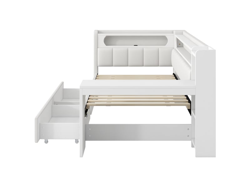 Lit plateforme 90x200 cm avec bureau, 2 tiroirs, led 7 couleurs, ports usb, tissu lin blanc, sans matelas - Conforama D