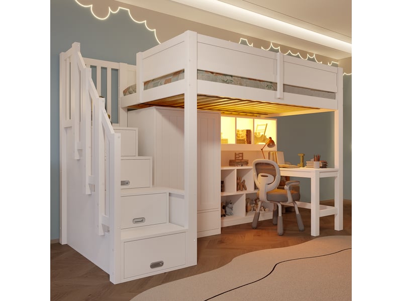  Lit mezzanine 90x200 cm – lit enfant gain de place avec bureau escalier rangement penderie et 1 tiroir – bois de pin – blanc CozyNest - Conforama B