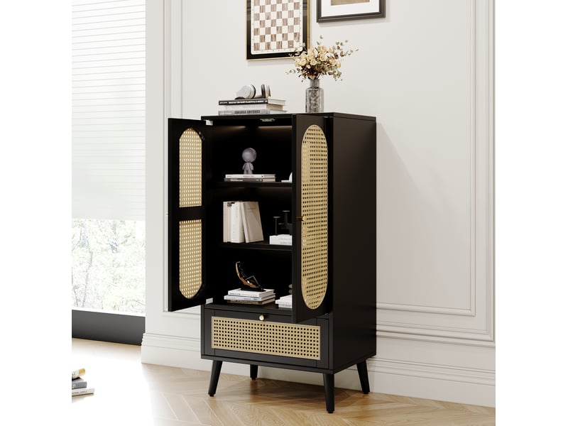  Buffet haut 60x40x110,5 cm, 2 portes, 1 tiroir, 2 compartiments rangement, panneaux de particules, noir  - Conforama B