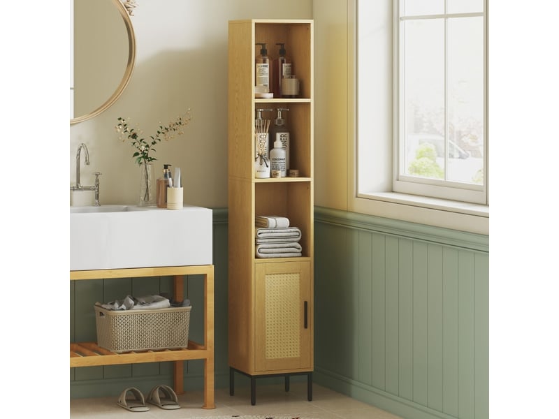  Meuble de salle de bain haut et étroit avec étagères ouvertes et réglables, finition effet bois naturel.  - Conforama B