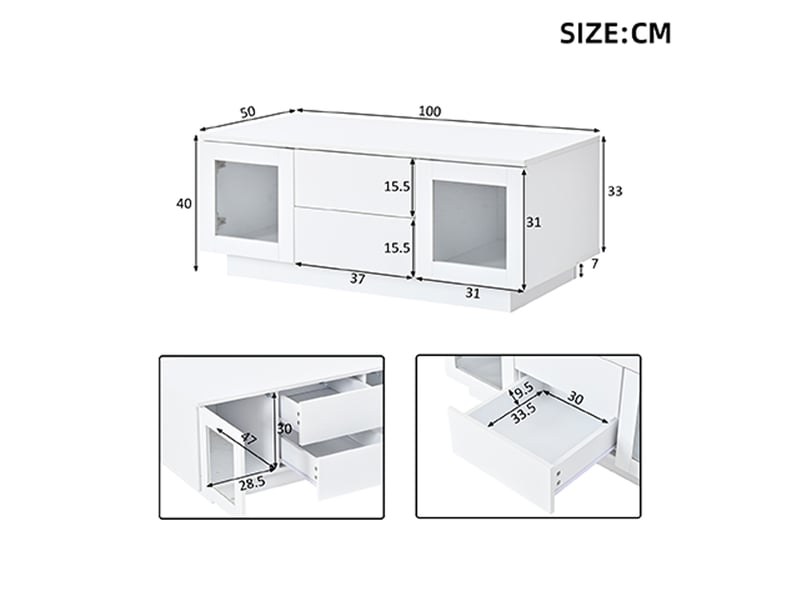  Table basse brillante 100x50x40 cm blanche, led rgb, 2 tiroirs et 2 compartiments fermés Fay Lum - Conforama C