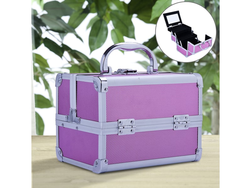  Trousse de maquillage professionnelle portable, 3 compartiments, miroir, 2 clés, pour bijoux manucure voyage, 20 x 15 x 15 cm, rose  - Conforama C