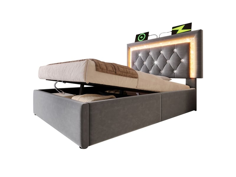  Lit coffre 90x200, rangement intégré lit une personne, ouverture hydraulique assistée, revêtement velours capitonné, led, ports usb, matelas inclus  - Conforama D