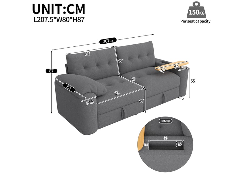 Canapé-lit 3 places 207,5 x 80 x 87 cm, modulable, avec coffres de rangement, appui-tête et tablette pivotante 270°, tissu teddy - gris - Conforama D