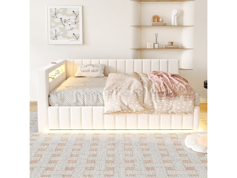  Lit double 140x200 cm beige, tissu velours, éclairage led, port usb et rangement hydraulique  - Conforama E