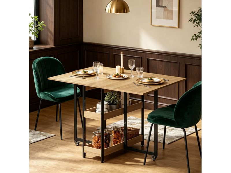  Table à manger pliante 4 personnes avec roulettes, rangements ouverts et plateau extensible bois clair pour petits espaces  - Conforama B