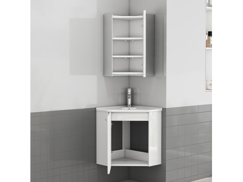 Meuble sous vasque d’angle avec lavabo et meuble miroir, charnières amorties pour salle de bain blanc brillant - Conforama E