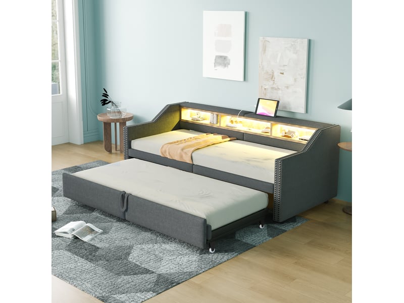 Canapé-lit gigogne 90180 x 200 cm avec rangement, led et usb gris foncé - Conforama D