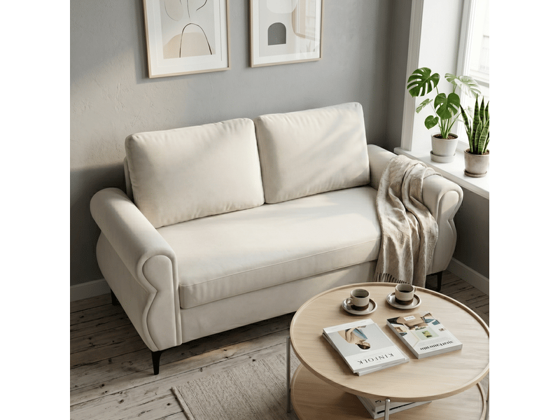  Canapé droit 2 places en tissu blanc crème à ressorts ensachés, assise ergonomique et housses amovibles  - Conforama B