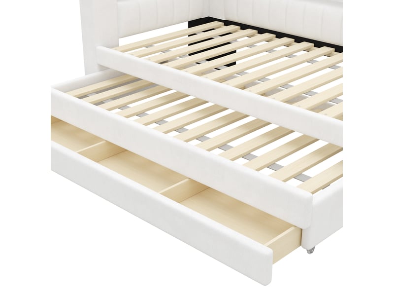  Lit banquette 90x200 cm blanc avec lit gigogne, 3 tiroirs, led 7 couleurs et ports usb, sans matelas  - Conforama E