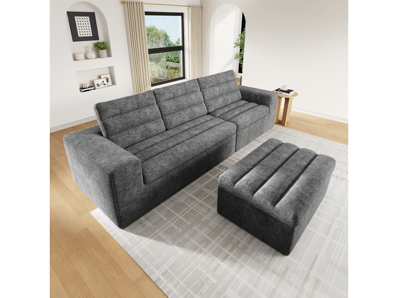  Canapé d'angle modulable 4 places avec pouf - chenille gris clair - 253x161 cm - sans cadre  - Conforama W