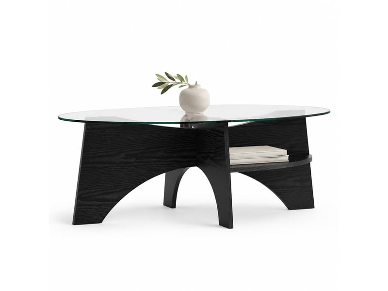  Table basse ulevr ovale avec tablette ouverte, verre de sécurité transparent 104,9 x 60 x 35,6 cm, mdf aspect bois noir  - Conforama A