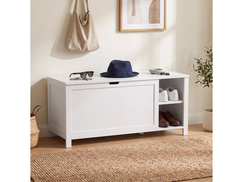  Banc à chaussures avec étagère réglable et compartiment rabattable, banc de rangement pour chaussures, blanc  - Conforama D