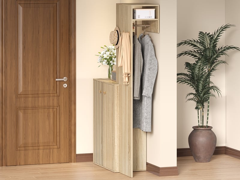  Vestiaire entrée 191,5cm avec rangement chaussures, crochets et tringle, à fixer au mur, naturel  - Conforama B