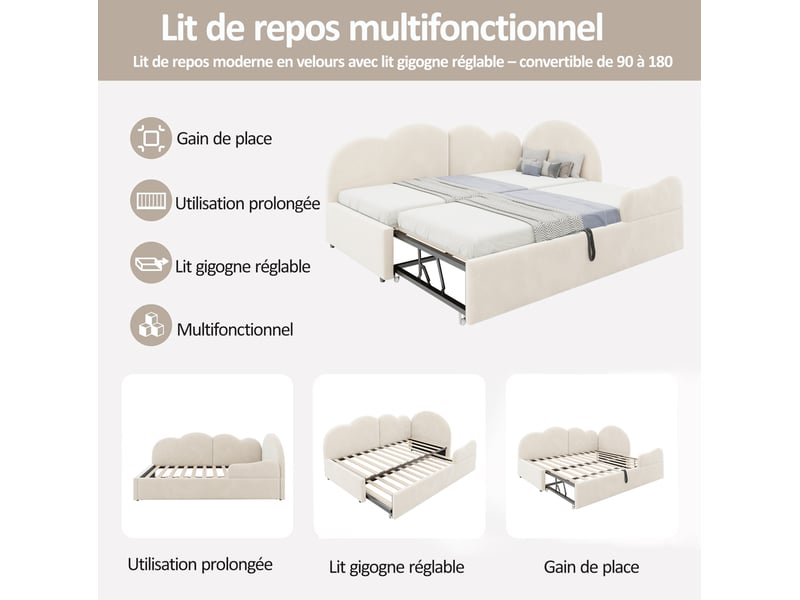  Lit gigogne, 90x200 cm, lit tiroir, avec tête de lit inspirée d’un nuage, matelas non inclus, velours, coloris beige  - Conforama E
