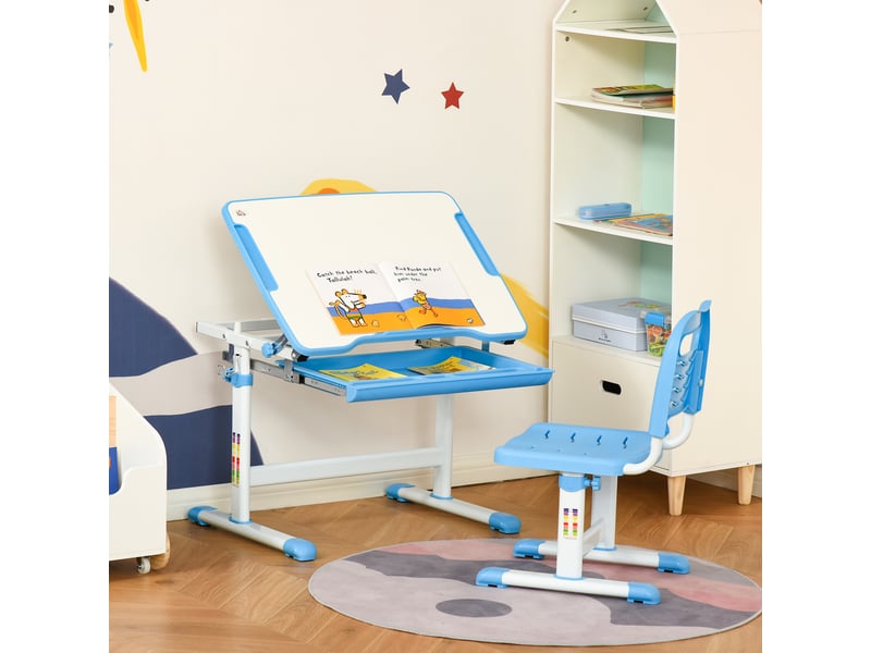  Ensemble bureau chaise 2en1 enfant dès 6 ans, table hauteurinclinaison réglable, plateau coulissant, 66x47x77 cm, bleu.  - Conforama C