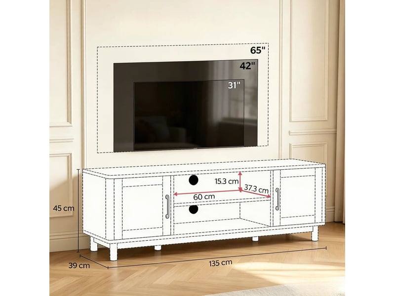  Meuble tv modenvie 135 x 39 x 45 cm avec rangements ouverts et portes en rotin chêne clair  - Conforama C
