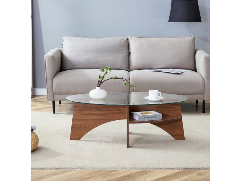  Table basse ovale avec étagère de rangement, plateau en verre de sécurité et supports effet noyer pour salon  - Conforama B