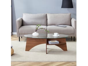 Table basse ovale avec étagère de rangement, plateau en verre de sécurité et supports effet noyer pour salon