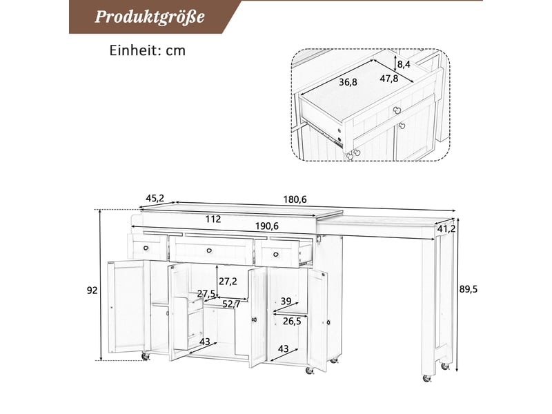 Desserte de cuisine à roulettes avec plan de travail extensible, 3 tiroirs et étagères réglables, noir naturel - Conforama E