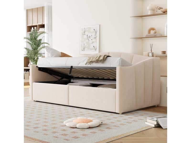  Lit banquette 90 x 200 cm beige en velours rayé avec coffre hydraulique, accoudoirs, dossier rembourré, sommier à lattes, gain de place  - Conforama D