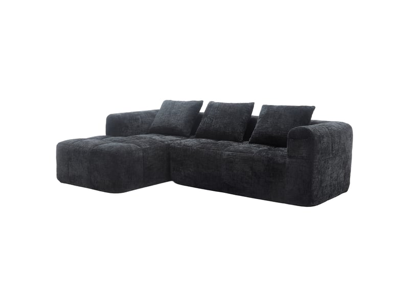  Canapé d'angle modulable 3 places avec méridienne, poches latérales et 3 coussins en chenille noir, 250 × 158 × 60 cm  - Conforama A
