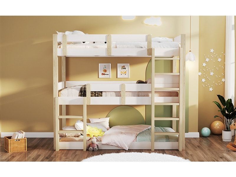  Lit triple superposé 90 × 190 cm, échelles intégrées, barrières, sommiers à lattes, pin et mdf, blanc et naturel  - Conforama B