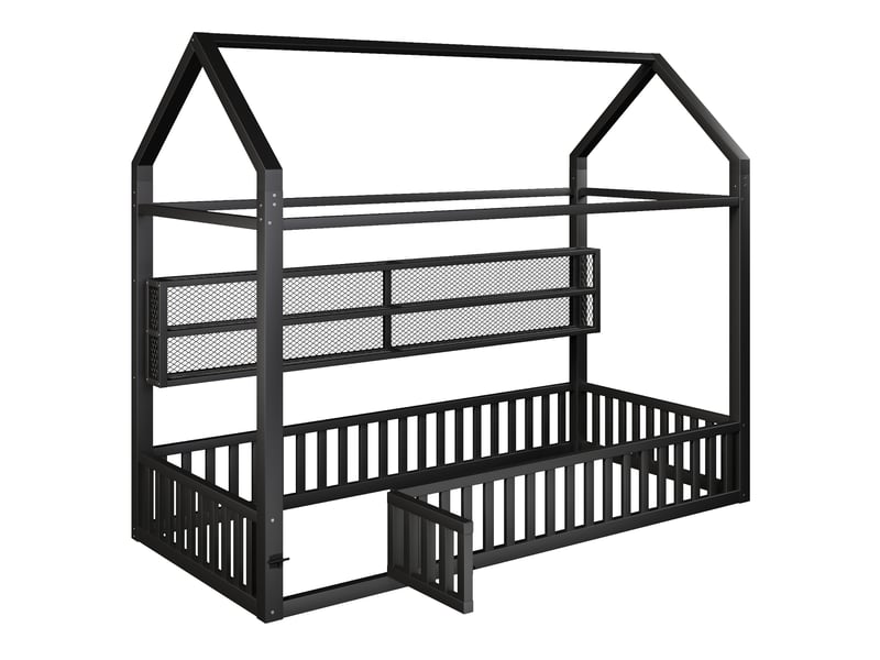 Lit simple plateforme maison 90 x 200 cm, barrière, led, noir - Conforama E