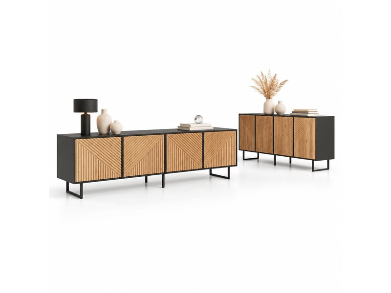  Lot de 2 meubles de salon : meuble tv et buffet 4 portes couleur bois naturel et noir  - Conforama A