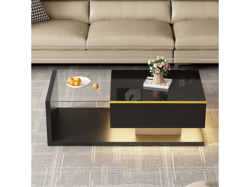 Table basse 100x50x32,5 cm avec led et plateau en verre trempé, rangement fermé et niche, panneaux de particules, noir ABC - Conforama B