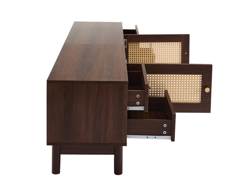  Meuble tv 180x35x44 cm avec 4 tiroirs et portes rotin, marron  - Conforama D