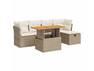 Salon de jardin 6 pcs avec coussins beige résine tressée acacia