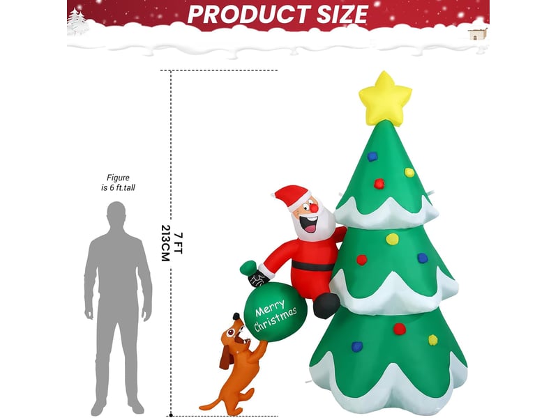 Père noël gonflable 1,8 m escaladant un sapin avec chien et sac cadeau, led, décoration de noël - Conforama E